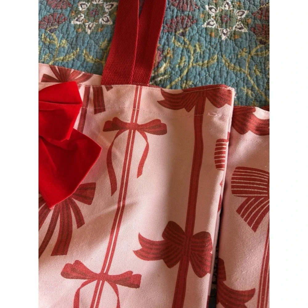 2 Pink Red Bow Print Tote Bag Canvas Large Shoulder Bag Preppy Coquette‎